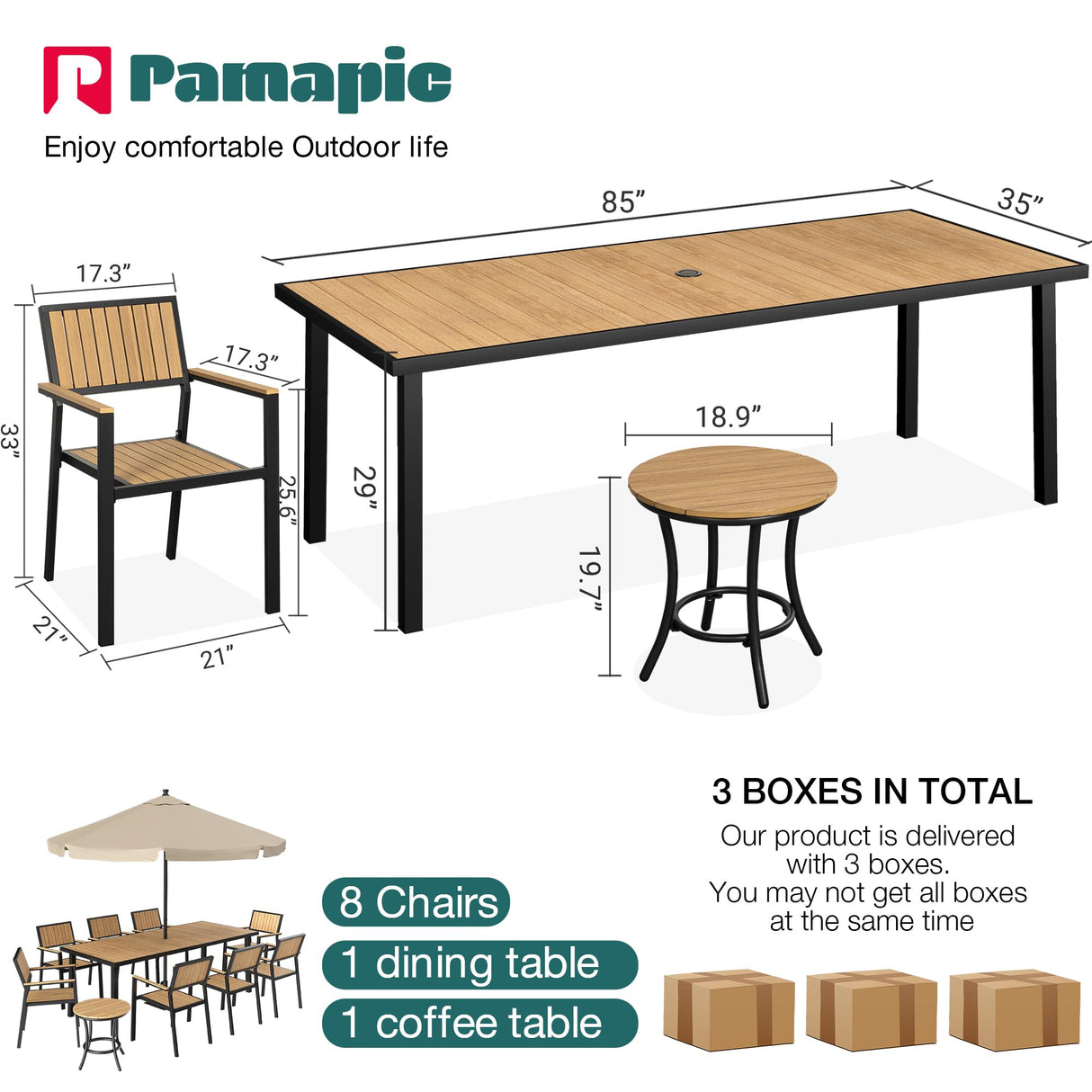 Pamapic 10-Piece Patio Dining Set，Outdoor Aluminum Furniture Set with Plastic-Wood Table Top,Outdoor Furniture Set with 8 Outdoor Stackable Chairs for Patio Garden Poolside (Teak) Pamapic