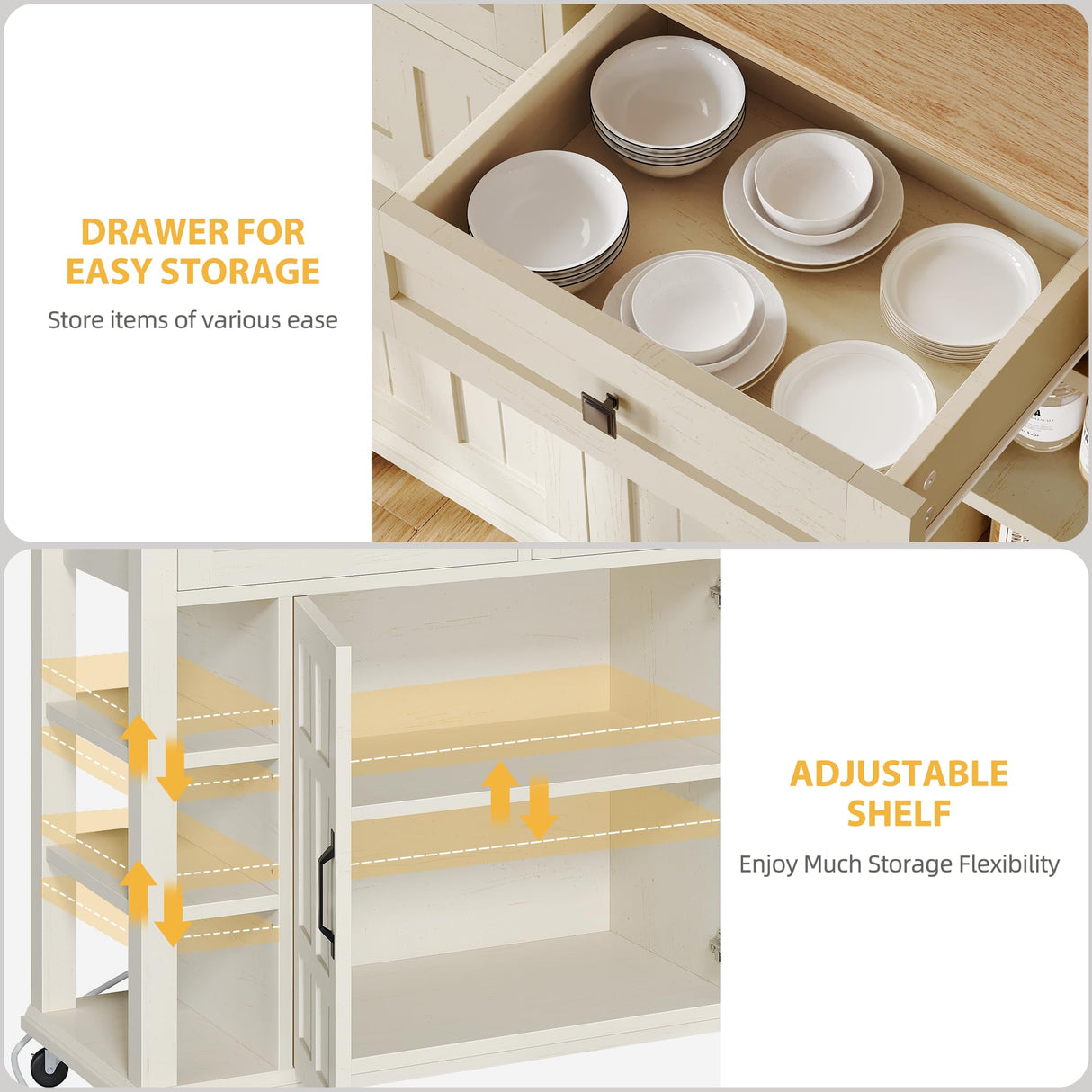 DWVO Kitchen Island with Storage Cabinet, Farmhouse Rolling Island Table on Wheels, Americana Mobile Storage Islands with Open Shelves, Drawers for Living Room, Dining Room, Off White DWVO
