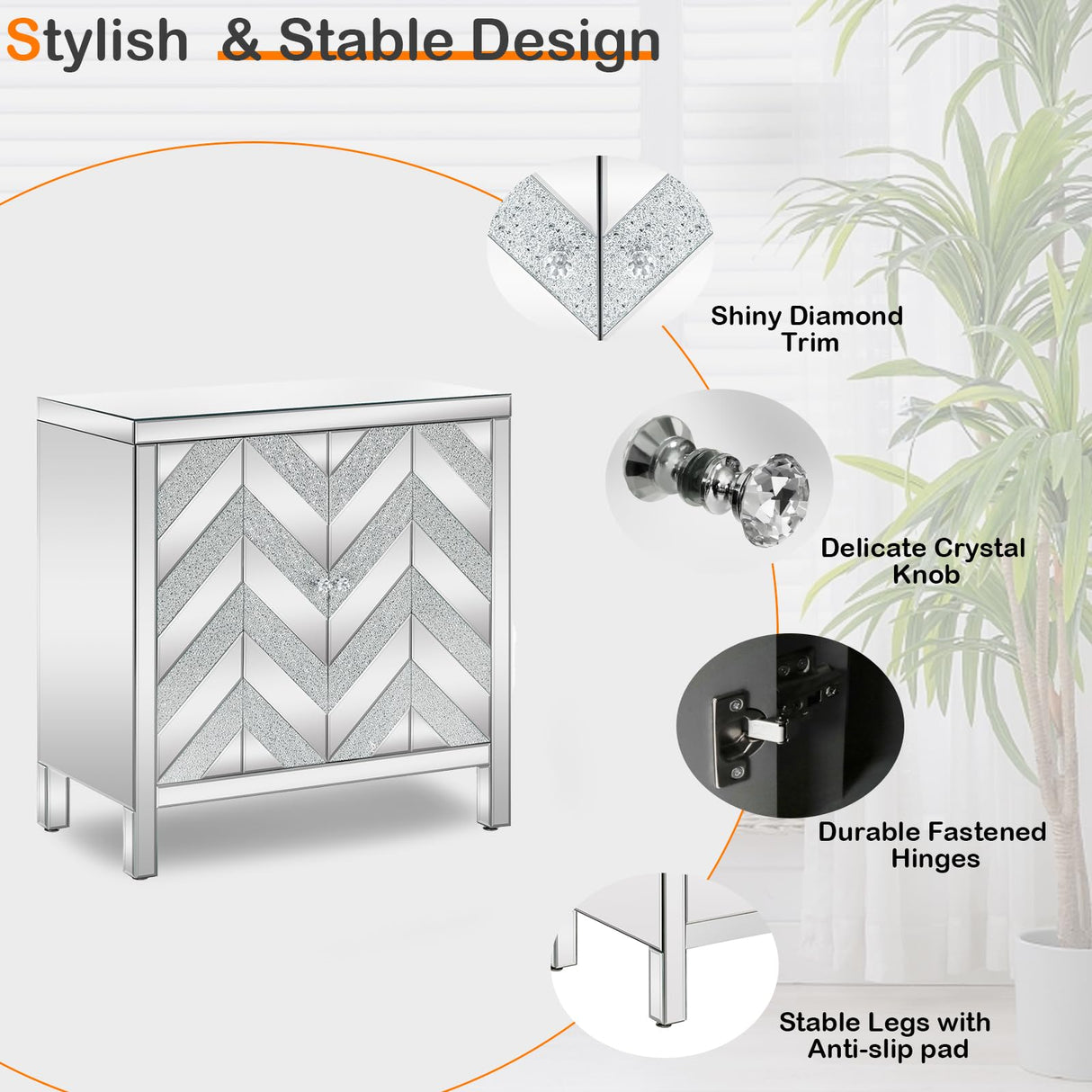 Goujxcy Mirror Storage Cabinet with Diamond Trim, Modern Silver Mirrored Sofa Console Table, Elegant Buffet Sideboard Entrance Cabinet Drawer Chest for Entryway Living Room Bedroom Kitchen Goujxcy