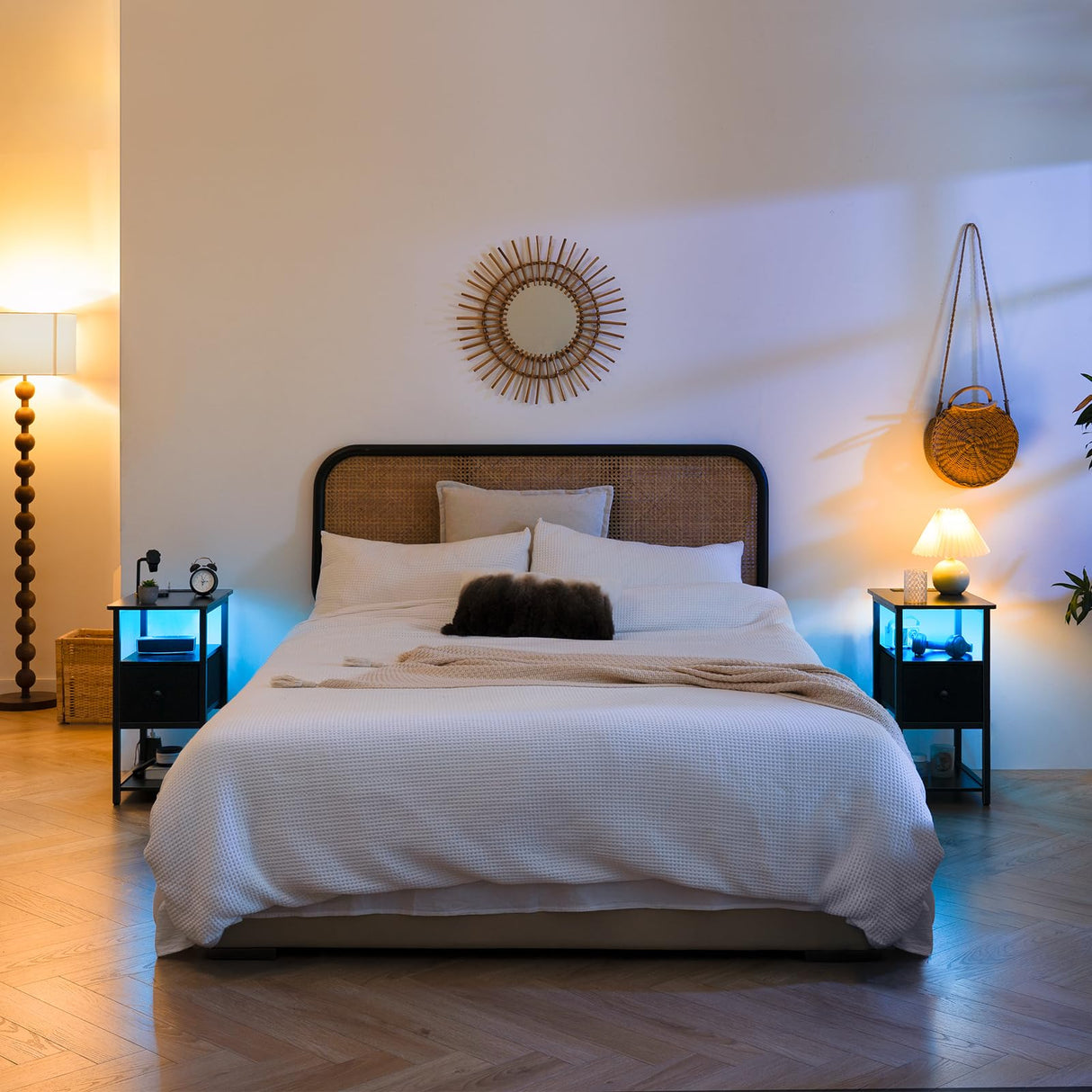 Yoobure Narrow Side Table, LED End Table with Charging Station, 3-Tier End Tables Living Room with Adjustable Fabric Drawer, Small Nightstand with Outlets, Storage Night Stand for Bedroom Small Spaces Yoobure