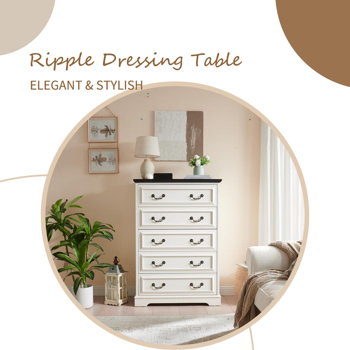 systemktesm Farmhouse 5 Drawers Dresser for Bedroom, 46" Tall Modern Chest of Drawers with Metal Handle, Rustic Dresser TV Stand, Wood Drawer Organizer for Bedroom, Living Room, Hallway (White) systemktesm