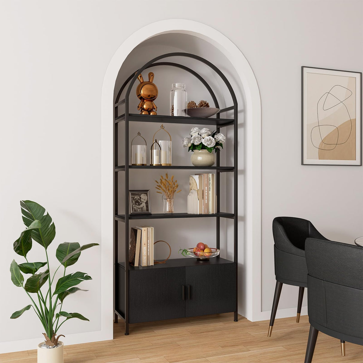 Jehiatek Arched Bookshelf, Bookcase with Doors Storage, 71 Inches Tall Industrial Book Shelf with Sturdy Metal Frame, E1 Quality Boards, Freestanding Display Shelving Unit, Black Jehiatek