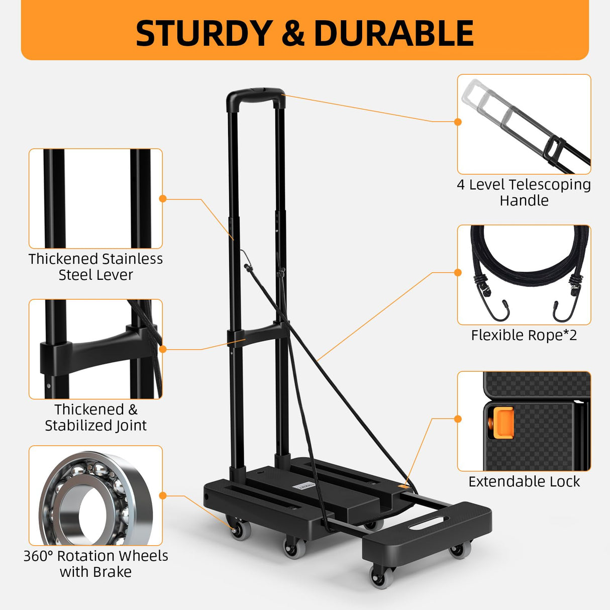 Folding Hand Truck, 500 LB Heavy Duty Luggage Cart, Utility Dolly Platform Cart with 6 Wheels & 2 Elastic Ropes for Luggage, Travel, Moving, Shopping, Office Use, Black TROOZY