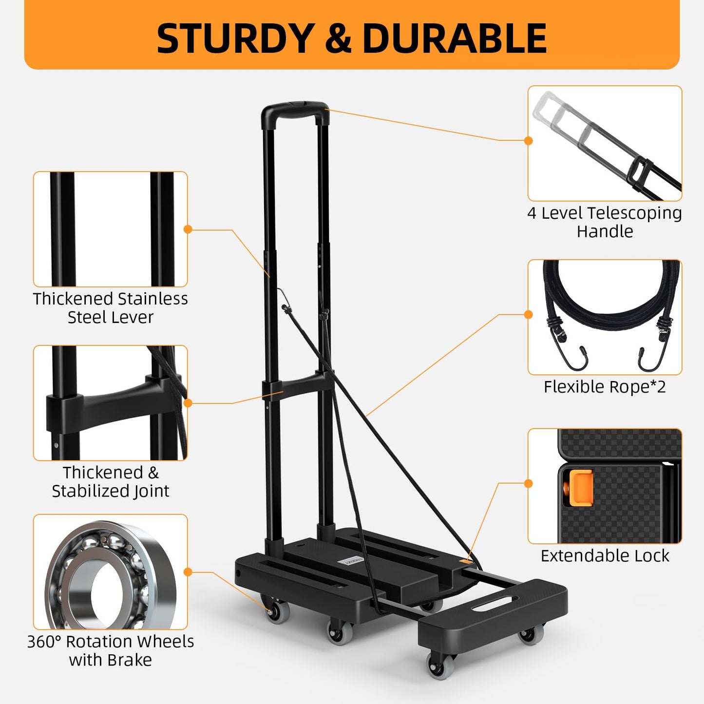 Folding Hand Truck, 500 LB Heavy Duty Luggage Cart, Utility Dolly Platform Cart with 6 Wheels & 2 Elastic Ropes for Luggage, Travel, Moving, Shopping, Office Use, Black