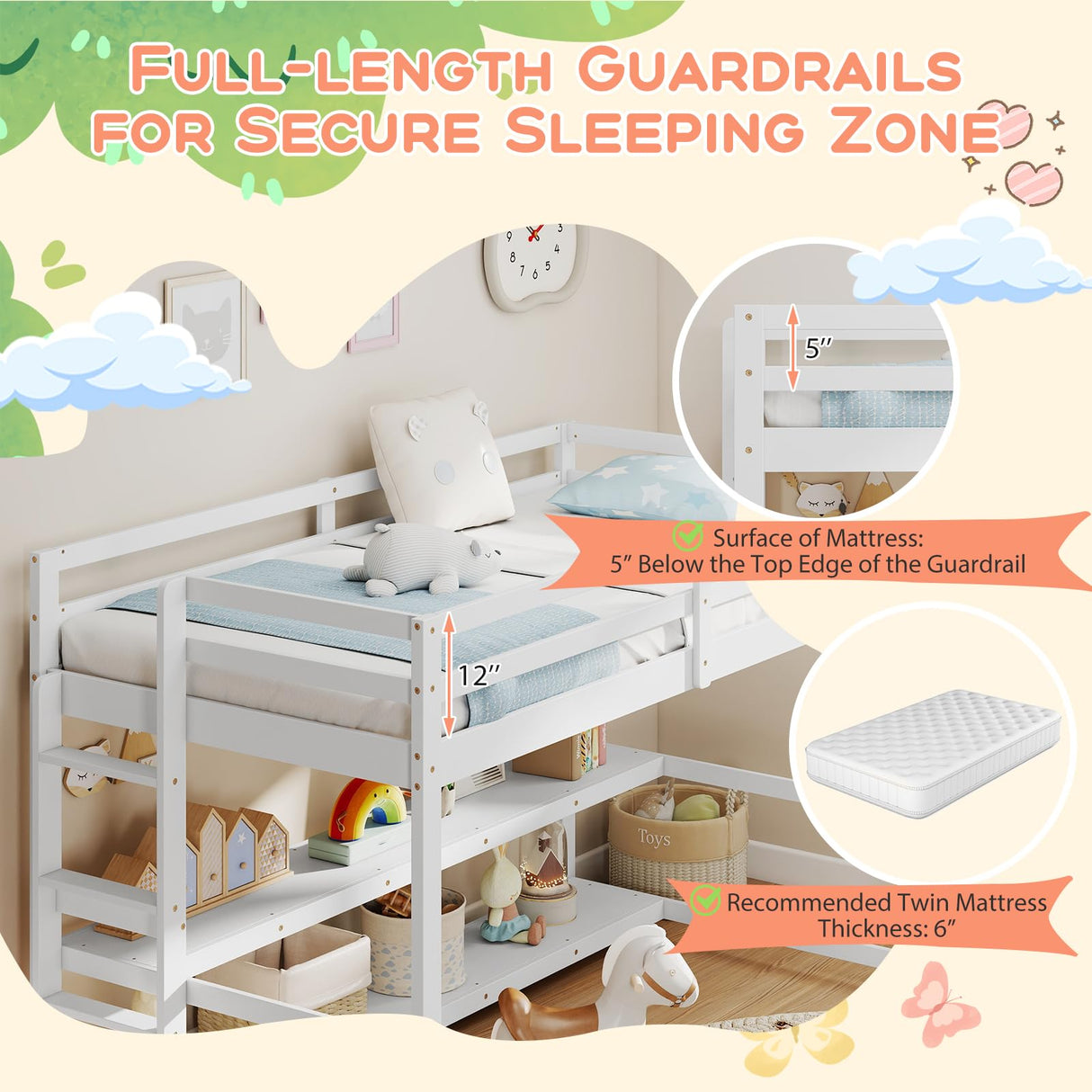 Giantex Twin Low Loft Bed with Storage Shelves, Wooden Loft Bed with Full-Length Guardrails & Ladder, Modern Space-Saving Twin Bed Frame for Kids Dorm Apartment, No Box Spring Needed, White Giantex