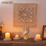 Hanobe Wood Plate Candle Holder: Small Candle Plate Set of 3 Decorative White Washed Beaded Candle Tray Round Candle Stick Holders Farmhouse Table Centerpiece for Fireplace Dining Room Home Decor Hanobe