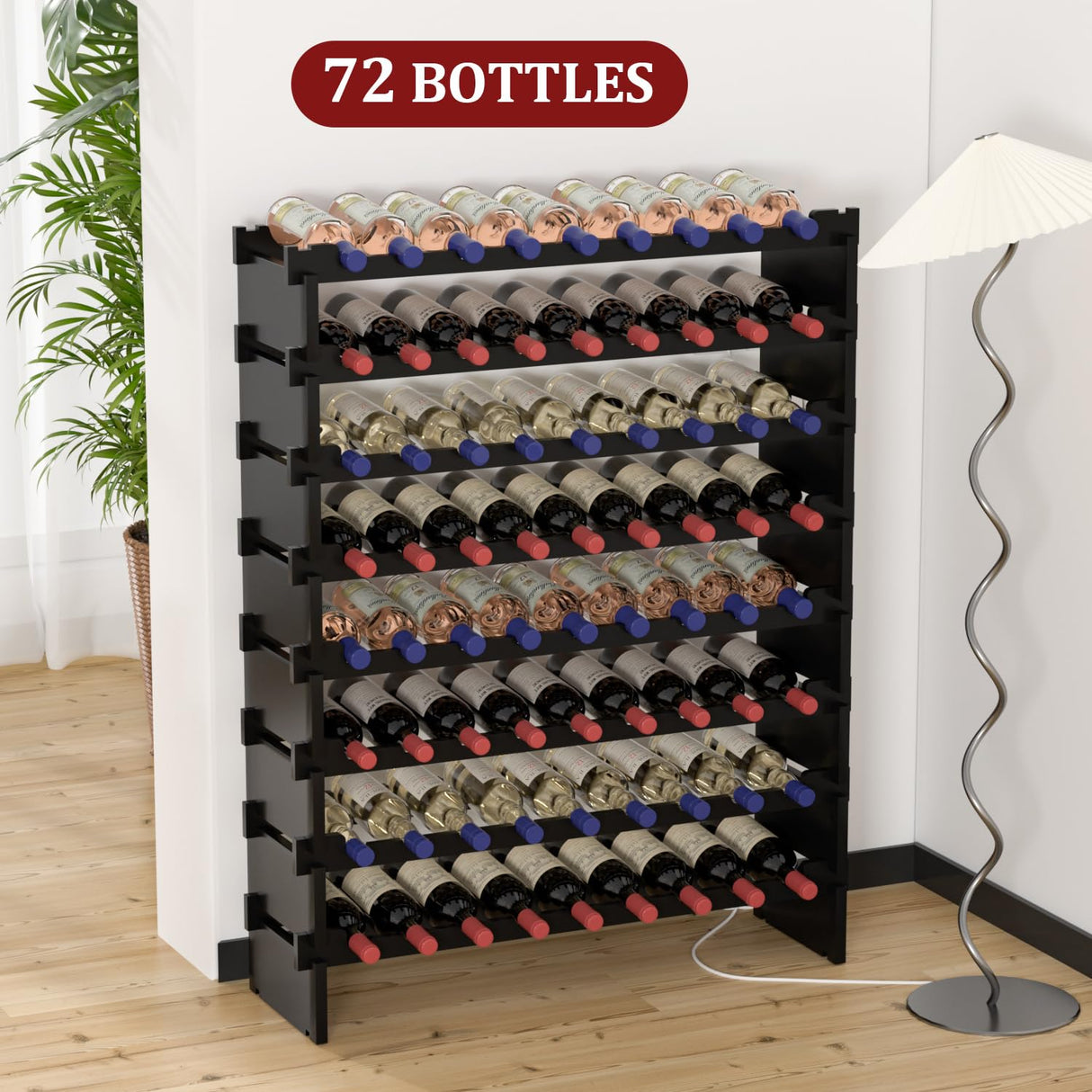 Domax Wine Rack Freestanding Floor - 8 Tiers Wine Bottle Holder 72 Bottle Stackable Wine Rack， Bamboo Wine Holder Wine Storage Racks for Kitchen, Bar, pantry and Cellar (Black) Domax