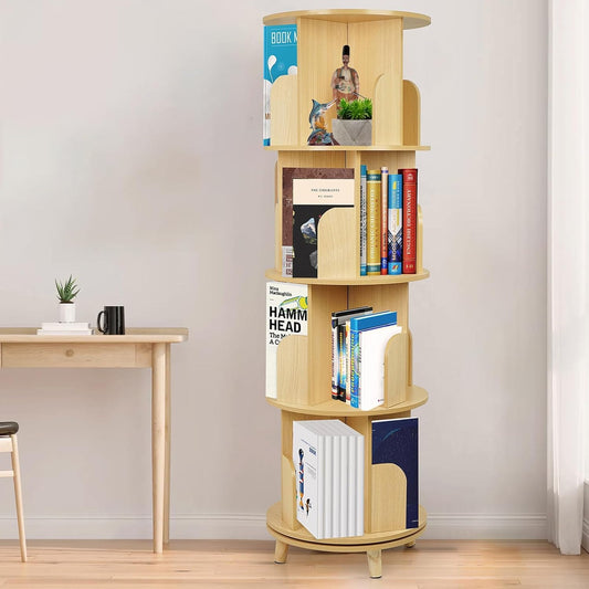 Ybaymy 4-Tier 360° Rotating Bookshelf Tower with Legs - Space-Saving Floor-Standing Wood Organizer for Living Room and Bedroom - WoodArtSupply