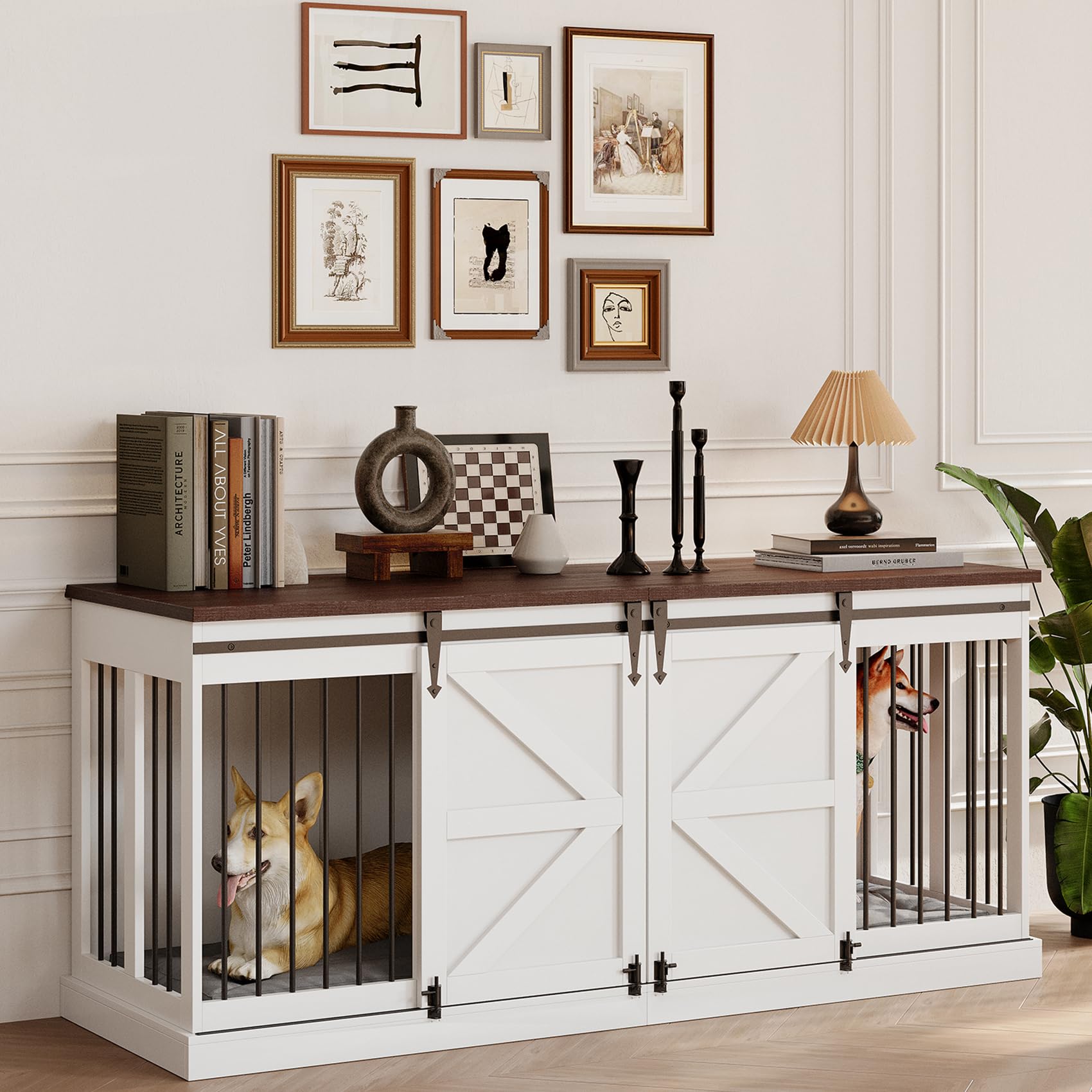 Dog Crate Furniture - Indoor Wooden Dog Kennel with Room Divider and Double Sliding Barn Doors - 71"x23.6"x31.5"H, White - WoodArtSupply