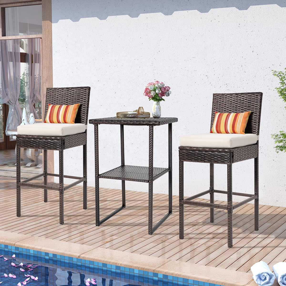 Sundale Outdoor Wicker Bar Table, 36 Inch Counter Height Patio High Top Dining Table, Rattan Bistro Pub Table with Storage Shelf for Deck Poolside Balcony Garden, Variegated Brown Sundale Outdoor
