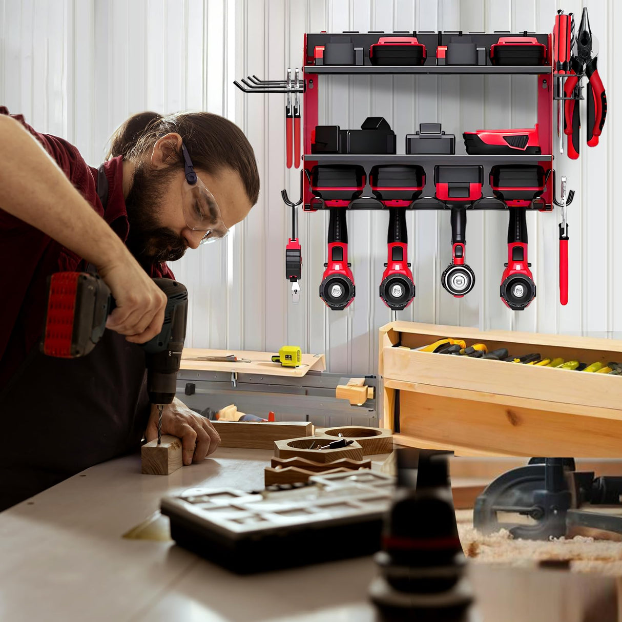 NRCUWI Garden Power Tool Organizer, Heavy Duty Tools Storage Rack Wall Mount with Charging Station, 3 Layers Yard Tool Shelf Drill Holder for Ryobi Tools - Ideal for Garage, Workshop NRCUWI