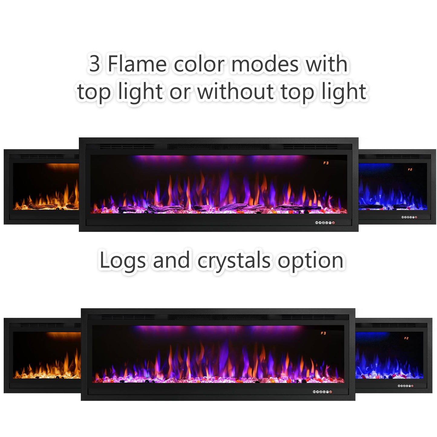 Rodalflame 60" WiFi-Enabled Electric Fireplace Insert, APP Smart Control, Wall Mounted&Recessed Linear Fireplace Heater with Thermostat, Flame&Top Lights, Log&Crystal, Timer