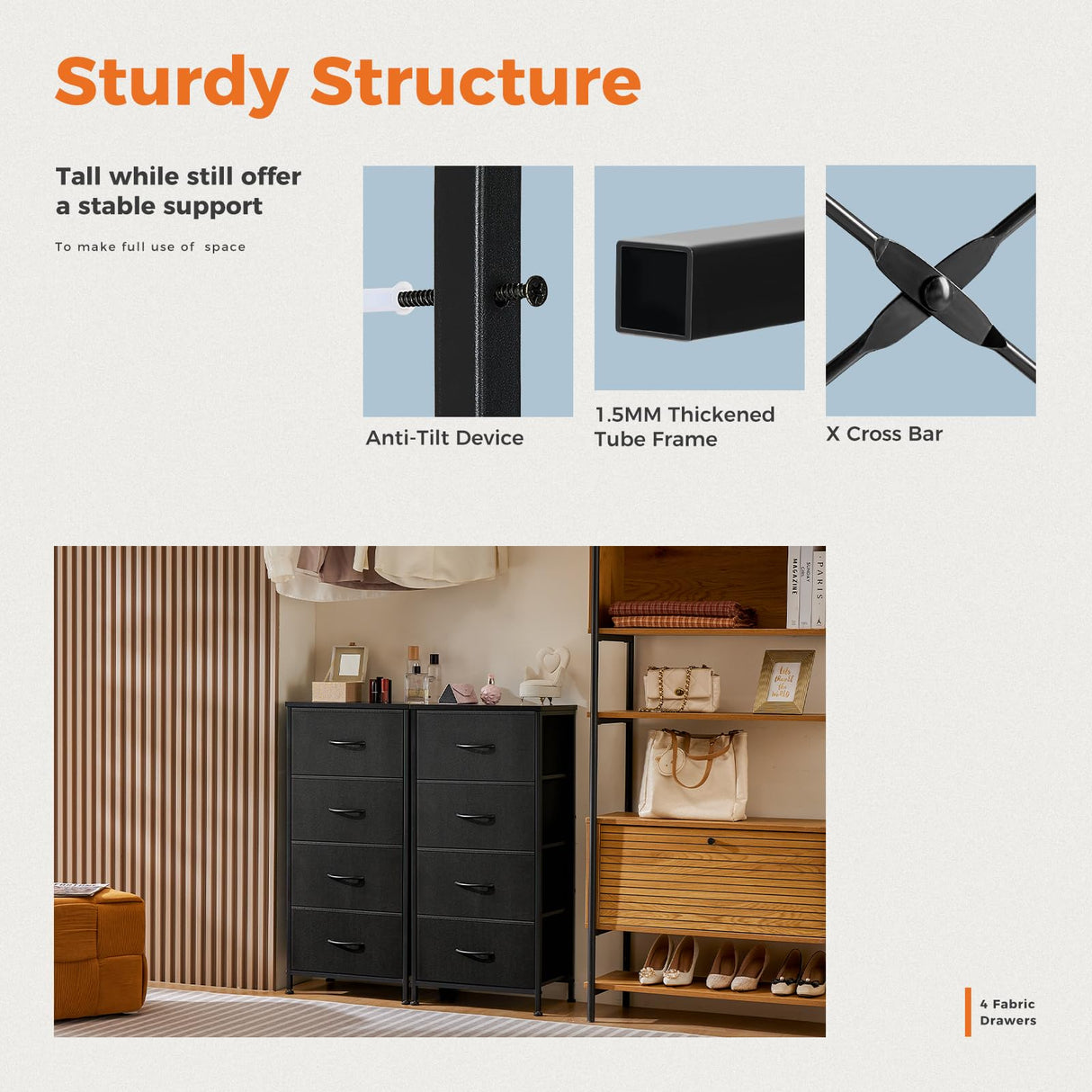 Sweetcrispy Dresser for Bedroom with 4 Drawers, Storage Drawers, Skinny Fabric Storage Tower, Tower Organizer Unit, Chest of Drawers with Wooden Top for Closet, Living Room, Entryway Sweetcrispy
