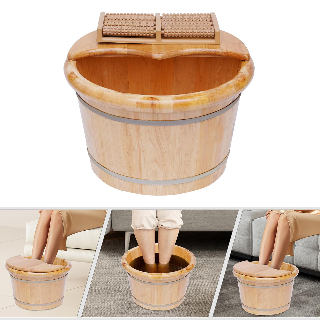 Foot Bath Basin Wood Foot Tub, Soaker Washing Sauna Bucket with Massager and Lid, Wooden Foot Basin Bucket with Massage Plus Cover Plate Foot Barrel WETUSSEX