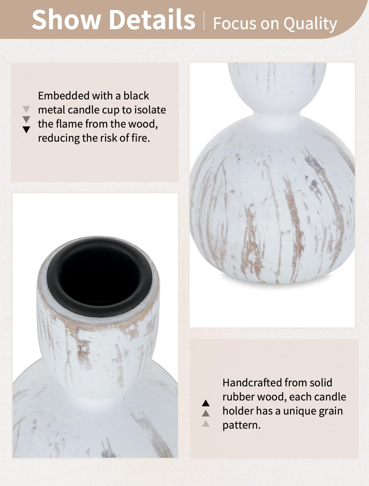 NUPTIO Taper Candle Holders Decor: Set of 3 Wooden Candlestick Holders Mantel Decor - Boho Farmhouse Rustic White NUPTIO