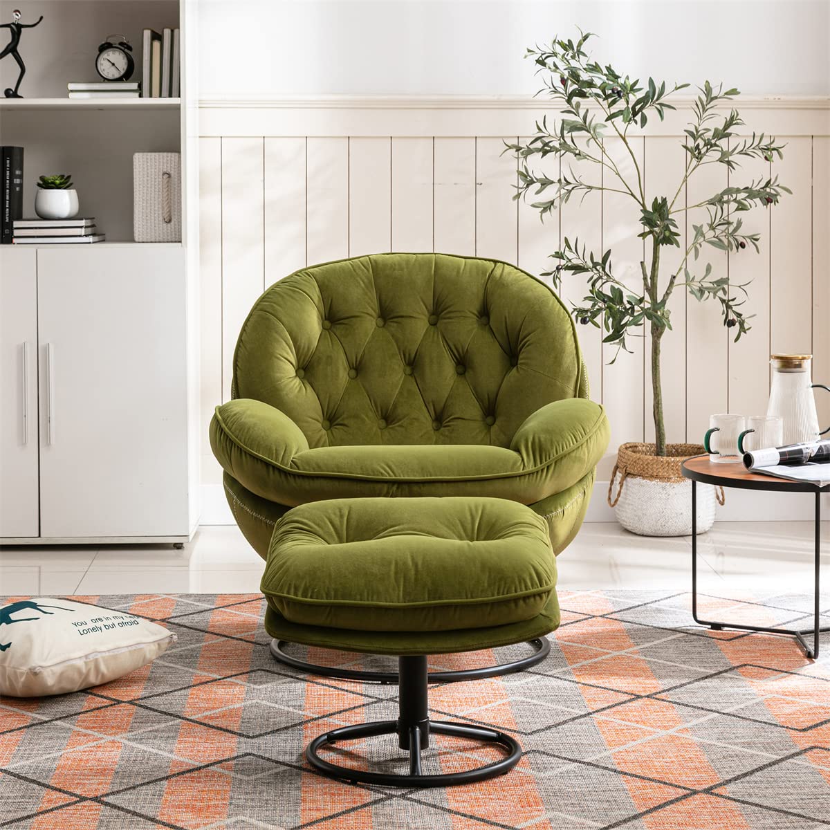 TRIPLE TREE Modern Swivel Accent Chair, Mid-Century Lounge Chair and Ottoman Set, Velvet Upholstered Button Tufted Recliner Chair, Reading Chair with Footrest for Living Room Indoor Bedroom, Green TRIPLE TREE