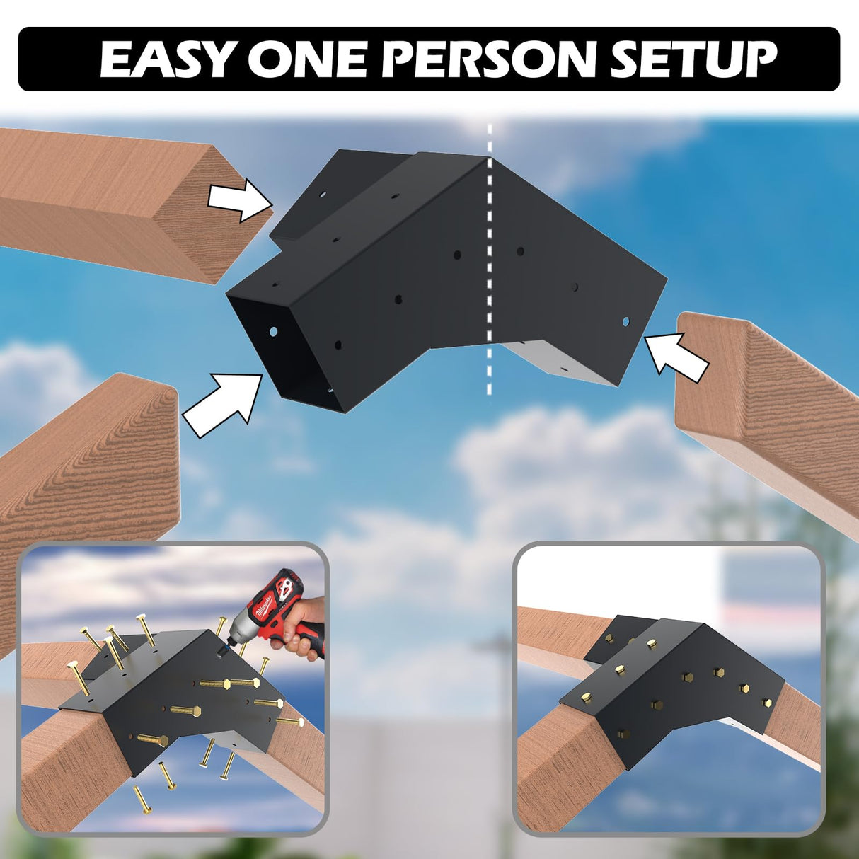 Grehitk Pergola Kit, Slanted Roof Pergola Brackets Kit, DIY Pergola Kit 3-Way 120° Corner Bracket and 40°4-Way Corner Bracket with Pergola Post Base for 4x4''Wood Beams Elevated Wood Stand Kit Grehitk