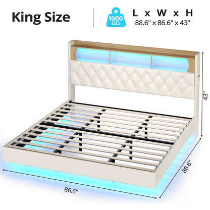 BTHFST Floating Bed Frame with LED Headboard, USB Charging, and Storage Solutions - WoodArtSupply