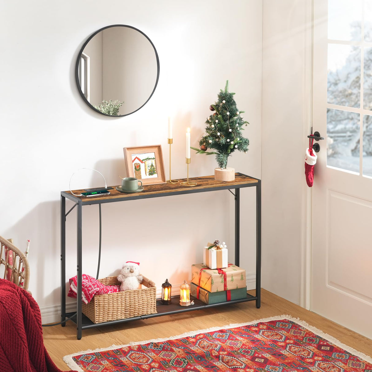 MAHANCRIS Sofa Table with Power Outlet, 43.7" Console Table with USB Ports, Behind Couch Table, Entryway Table for Living Room, Hallway, Foyer, Metal Frame, Adjustable Feet, Rustic Brown CTHR11E01Z1 MAHANCRIS