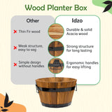 Idzo Set of 3 Wooden Flower Boxes Outdoor, Durable Acacia Wood Barrel Planters for Outdoor Plants with Ergonomic Handles, Drainage Holes, Multiple Sizes Wood Bucket Planter Light Brown IDZO