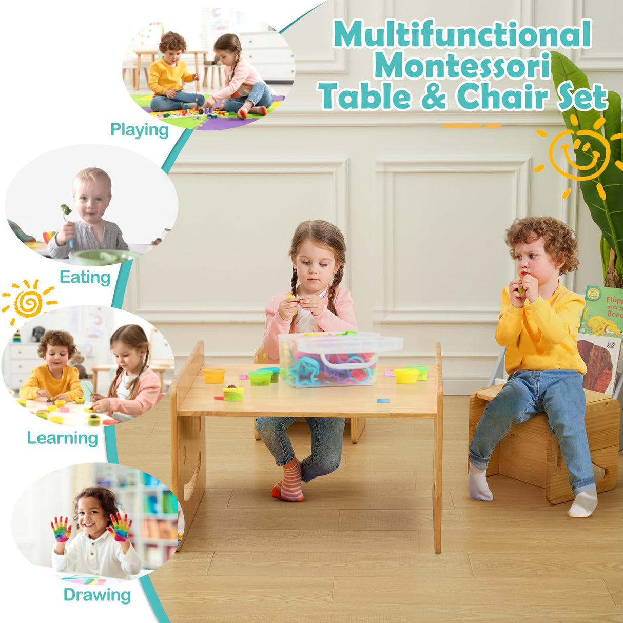 FUNLIO Height Adjustable Montessori Weaning Table and Chair Set for Age 1-3, Quality Solid Wood Toddler Table and 2 Chairs, Kids Table and Chairs for Reading/Eating/Playing,CPC Certified (3pcs Set) FUNLIO