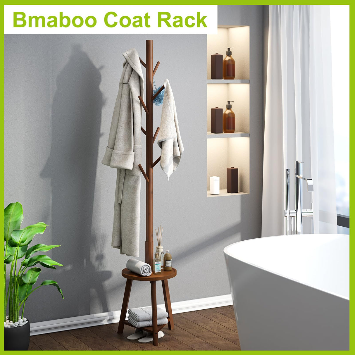 BMOSU Coat Rack freestanding Stand with 2 Shelves Bamboo Wooden Coat Tree Easy Assembly 8 Hooks Standing Jackets Hanger Hallway Office Floor Coat Stand Brown BMOSU