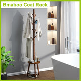 BMOSU Coat Rack freestanding Stand with 2 Shelves Bamboo Wooden Coat Tree Easy Assembly 8 Hooks Standing Jackets Hanger Hallway Office Floor Coat Stand Brown BMOSU