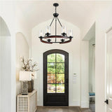 28 Inch Wagon Wheel Chandelier with Glass Shade, 6-Light Farmhouse Wood Large Round Chandeliers for Dining Room Pendant Light Fixture for Living Room Bedroom Kitchen Island Foyer Entryway GRUSTRUST