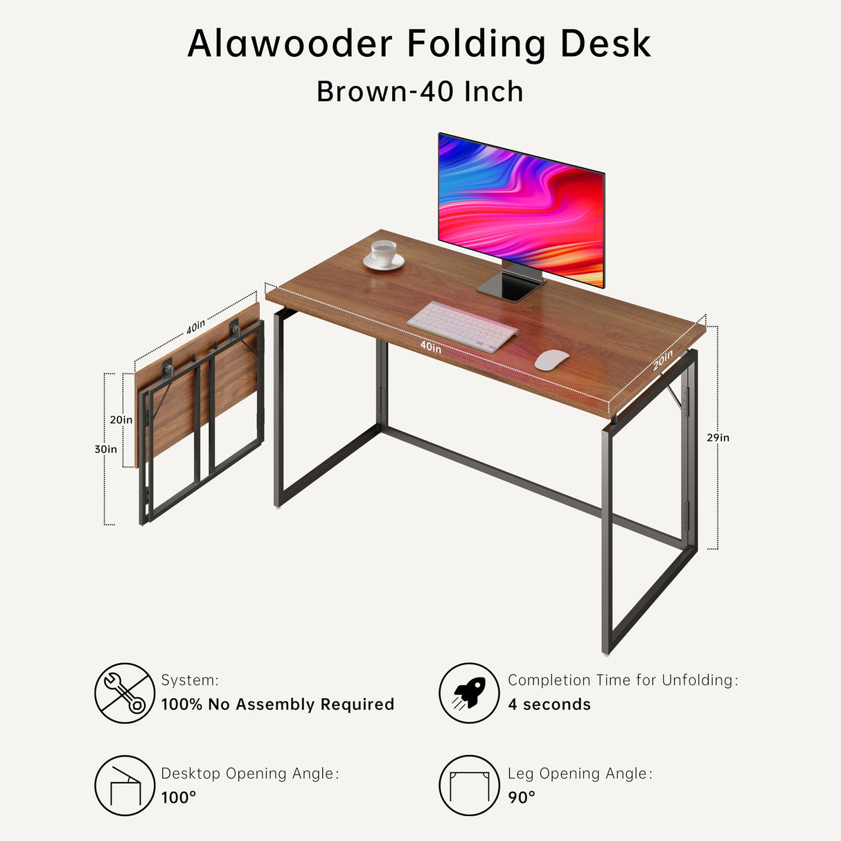 alawooder Folding Desk 40 Inch - Small Foldable Desk for Small Space Minimalist, Space Saving Collapsible Compact Desk Portable Table for Craft, Writing, Study and Work (No Assembly Required) alawooder