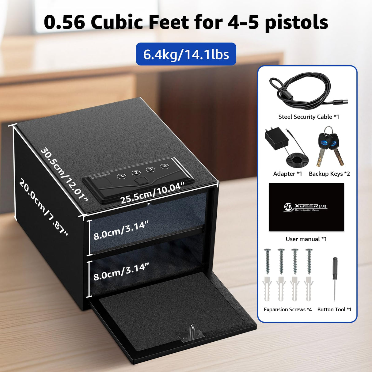 XDeer Biometric Pistol Safe (FCC & California DOJ Certified) - Quick Access Handgun Safe with Fingerprint & Digital Keypad, APP Bluetooth Secure Home Gun Safe for up to 4 Pistols (No Cleaning Kit) XDeer