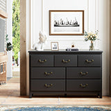 HOUROM Black Dresser for Bedroom, Modern Style 7 Drawer Double Dresser with Vintage Gold Antique Handles, Dresser and Chest of Drawers, Hallway 7 Drawer Dresser, Antique Black HOUROM