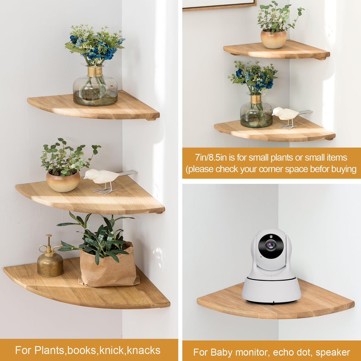 Corner Shelves, Floating Corner Shelf, Set of 2 7inch Solid Oak Wood Wall Shelves, Round End Wall Mount with Wire Hole Shelving for Small Plant for Bedroom Kitchen, Living Room Conamily