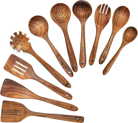Wooden Spoons for Cooking,10 Pcs Natural Teak Wooden Kitchen Utensils Set Wooden Utensils for Cooking Wooden Cooking Utensils Wooden Spatulas for Cooking BOKALAKA