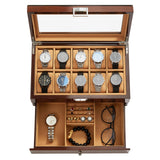 Homruilink 10-Slot Wooden Watch Box, Wood Watch Case with Drawer, Watch Display Box with Glass Lid, 2-Layer Watch Holder for Jewelry and Watch Storage for Men Women Homruilink