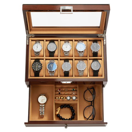 Homruilink 10-Slot Wooden Watch Box, Wood Watch Case with Drawer, Watch Display Box with Glass Lid, 2-Layer Watch Holder for Jewelry and Watch Storage for Men Women Homruilink