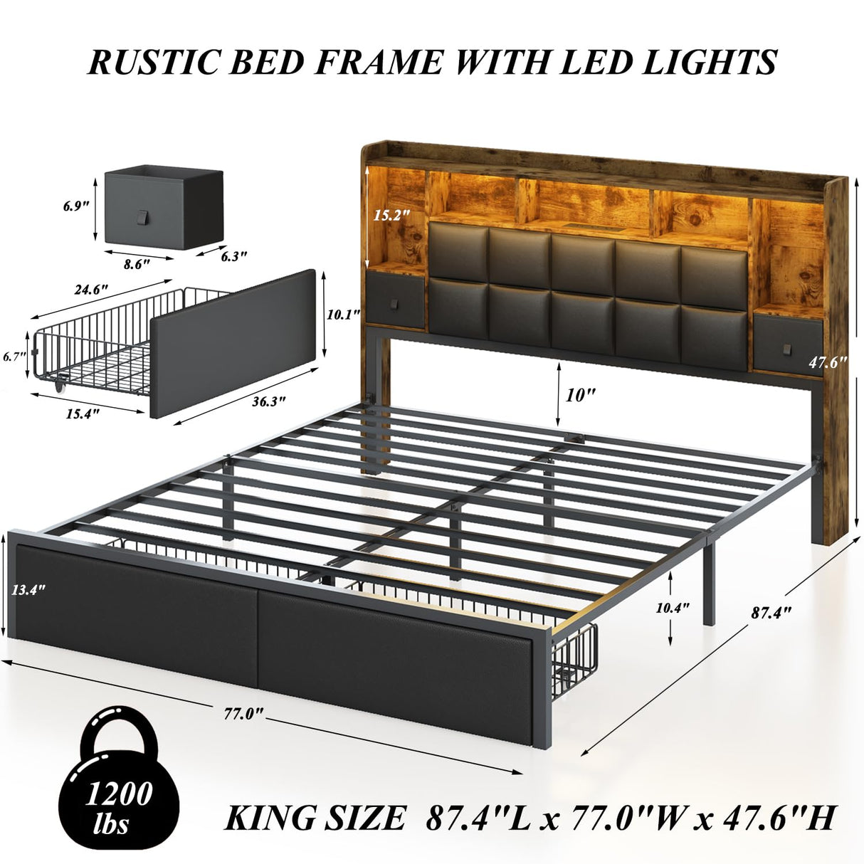 TIGUBFRE LED Bed Frame King Size with Bookshelf PU Leather Headboard, 2 Hidden Storage Drawers, Upholstered Platform Bed with Charging Station, Metal Slats Support, Noise Free, No Box Spring Needed TIGUBFRE