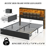 TIGUBFRE LED Bed Frame King Size with Bookshelf PU Leather Headboard, 2 Hidden Storage Drawers, Upholstered Platform Bed with Charging Station, Metal Slats Support, Noise Free, No Box Spring Needed TIGUBFRE