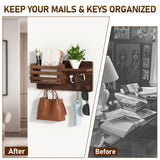Key Holder Wall Mount, Key and Mail Holder for Wall, Wall Key Holder with Shelf and 6 Large Hooks for Bags, Coats, Umbrella, Wood Key Shelf for Entryway, 4 Small Key Hook, Wallet/Dog Leash Holder,Pine Longtor