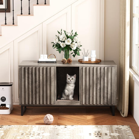 Double Litter Box Enclosure,Modern Cat Litter Box Enclosure for 2 Cats, Hidden Litter Box with Scratch Pad, Cat Washroom Pet House End Table, Entryway Bench for Livingroom (Gray) Halitaa