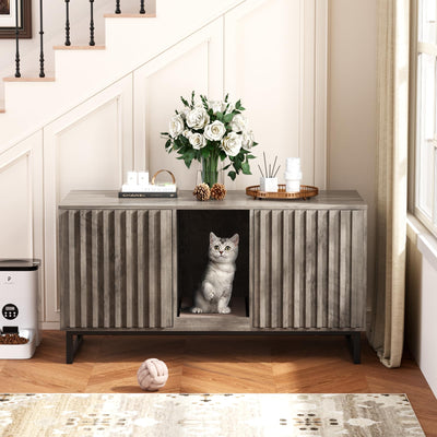 Double Litter Box Enclosure,Modern Cat Litter Box Enclosure for 2 Cats, Hidden Litter Box with Scratch Pad, Cat Washroom Pet House End Table, Entryway Bench for Livingroom (Gray)