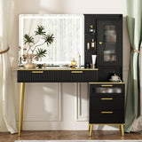 Chrangmay 47.24" Big Modern Vanity Desk with Mirror and Lights,Makeup Vanity Desk with 5 Drawers and Storage Shelves & Power Outlet,Dressing Table with Glass Top, Black Chrangmay