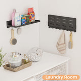 SKIKEN Folding Metal Shelf with Hooks, Wall Mounted Laundry Room Shelf, 8 Hooks & 90° Fold Up, Fold-Down for Rv, Bathroom, Kitchen, Garage, Space Saving, Small Space, Black（17.0", 1 Pack） SKIKEN