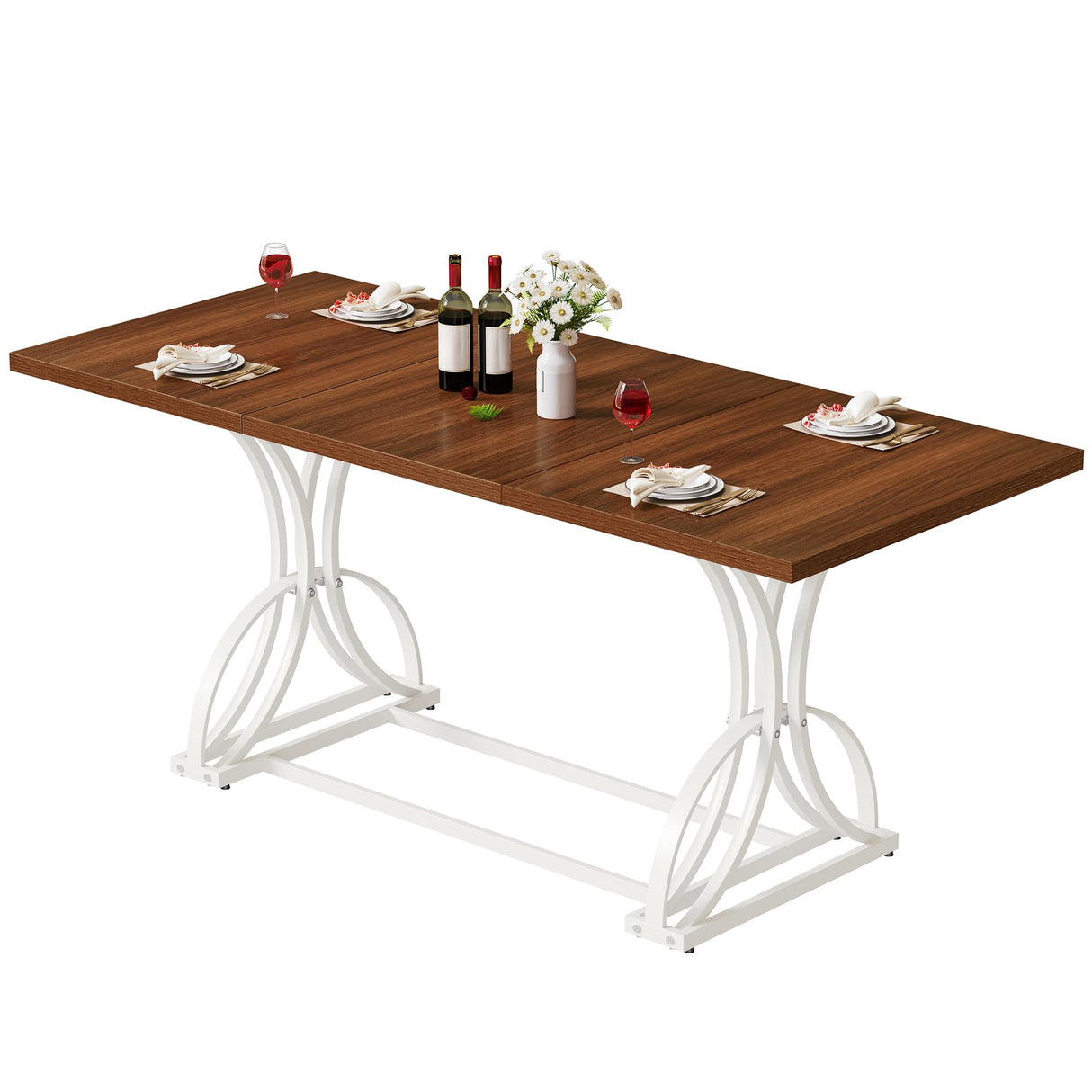 DWVO 70.3" Large Modern Dining Table for 6-8 People, Rectangular Walnut Kitchen Dining Room Table with Thick Tabletop and White Geometric Metal Legs, Farmhouse Wood Dinner Tables DWVO