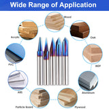 HQMaster 5PCS CNC Wood Carving Router Bits Set, 1/4'' Shank, 15° Detail Carving Liner+ 20° Profile bit+30°+60°+ 90° V Groove Router Bit Set HQMaster