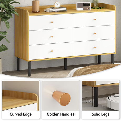 BAZELOR Kids Dresser for Bedroom, 6 Drawer Baby Dresser with Golden Handles, Modern Wood Chest for Hallway, Entryway, Nursery, White BAZELOR