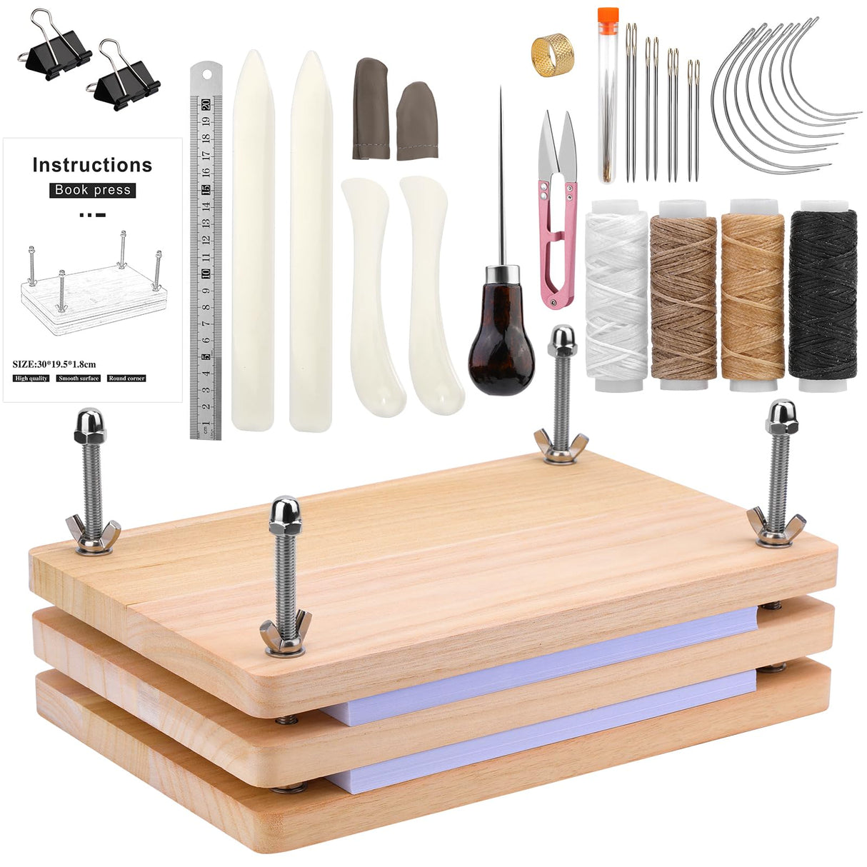 JUPEAN 34 Pcs Book Binding Kits, Book Press(11.81”x7.56”), Books Making Kit with Bone Folder Bookbinding Needles Waxed Threads Books Binding Awl, Bookbinding Tools for Beginners JUPEAN