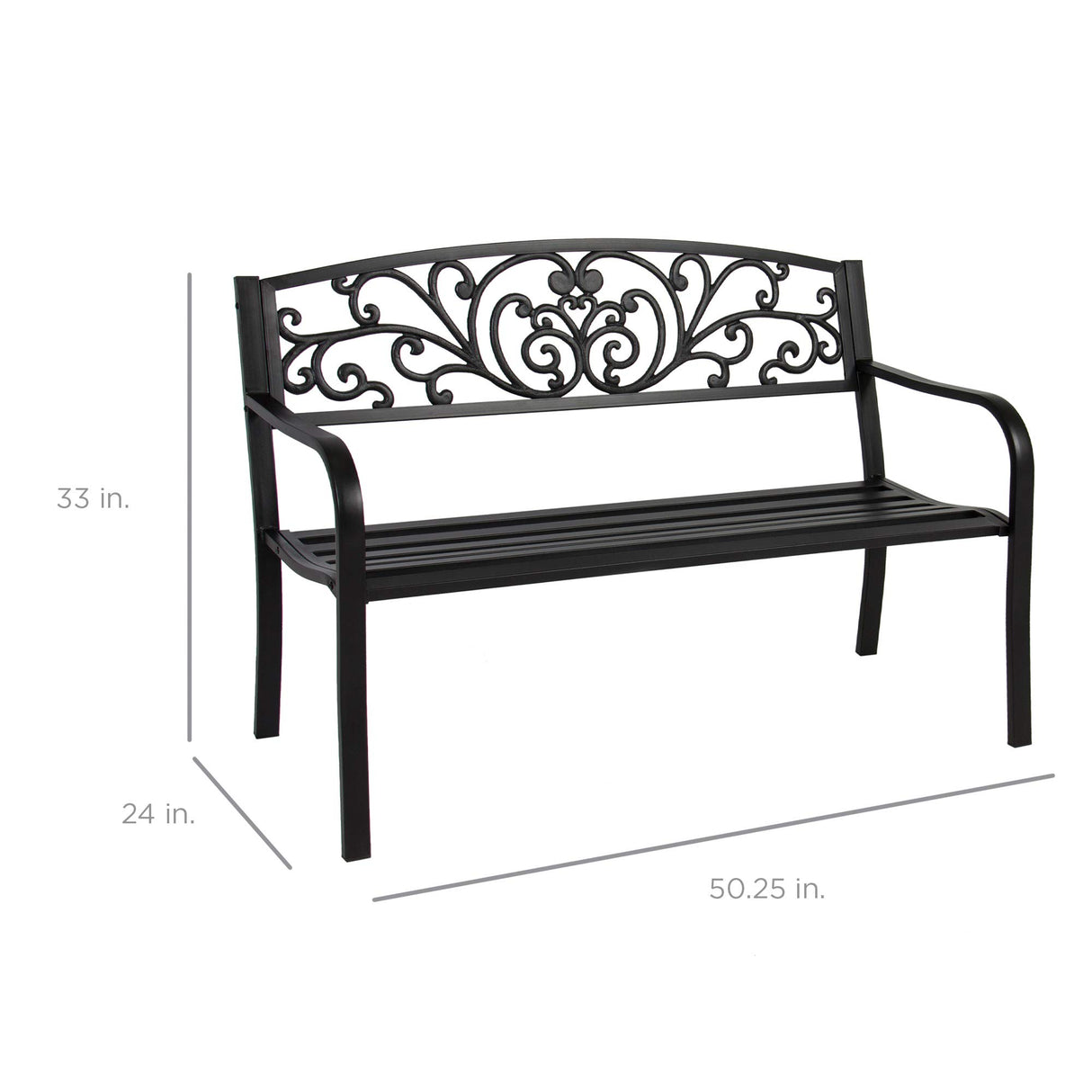 Best Choice Products Outdoor Bench Steel Garden Patio Porch Furniture for Lawn, Park, Deck w/Floral Design Backrest, Slatted Seat - Black Best Choice Products