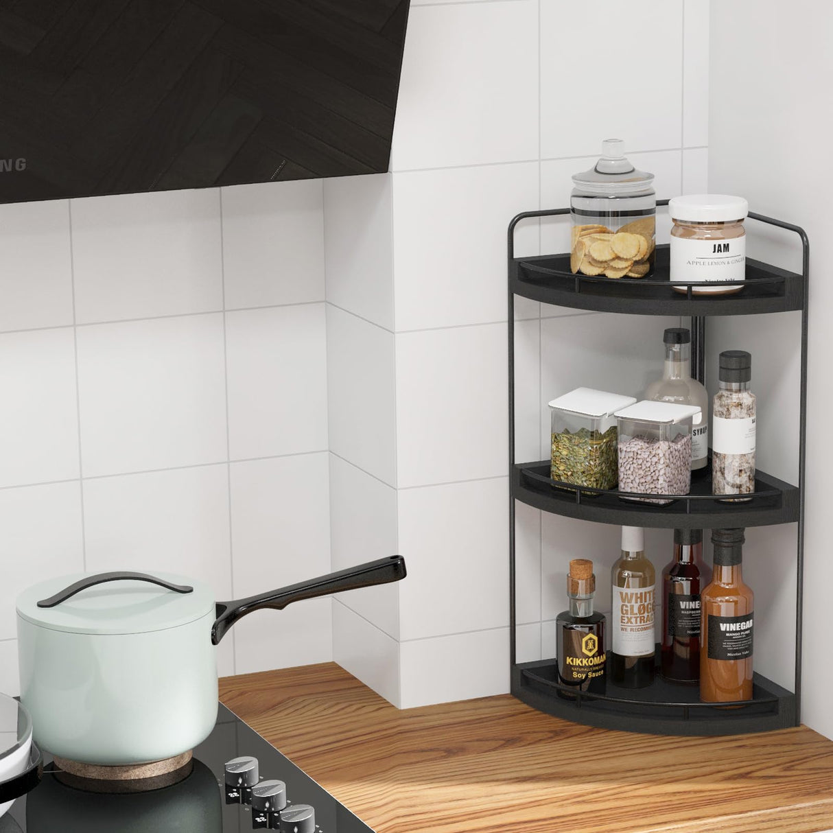 Fixwal Corner Bathroom Counter Organizer, 3 Tier Rustic Bathroom Organizer, Wood Countertop Storage Tray for Vanity, Kitchen, Bedroom (Black) Fixwal