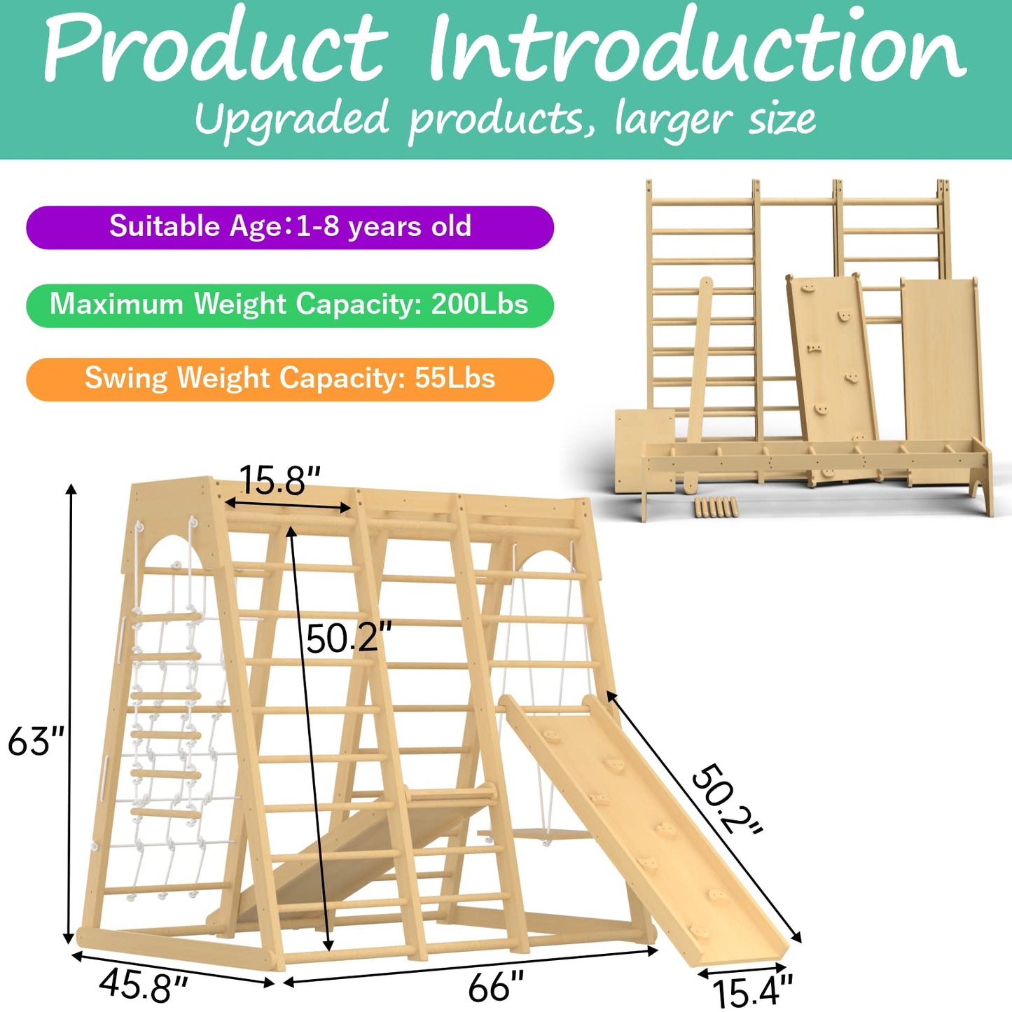 Indoor Jungle Gym, 66inch Toddler Climbing Toys Indoor, 8-in-1 Indoor Playground for Toddler 1-3 with Swing, Armband, Rock Climb Wall, Slide, Monkey Bar, Wood & Rope Ladder, Rope Wall Ladder