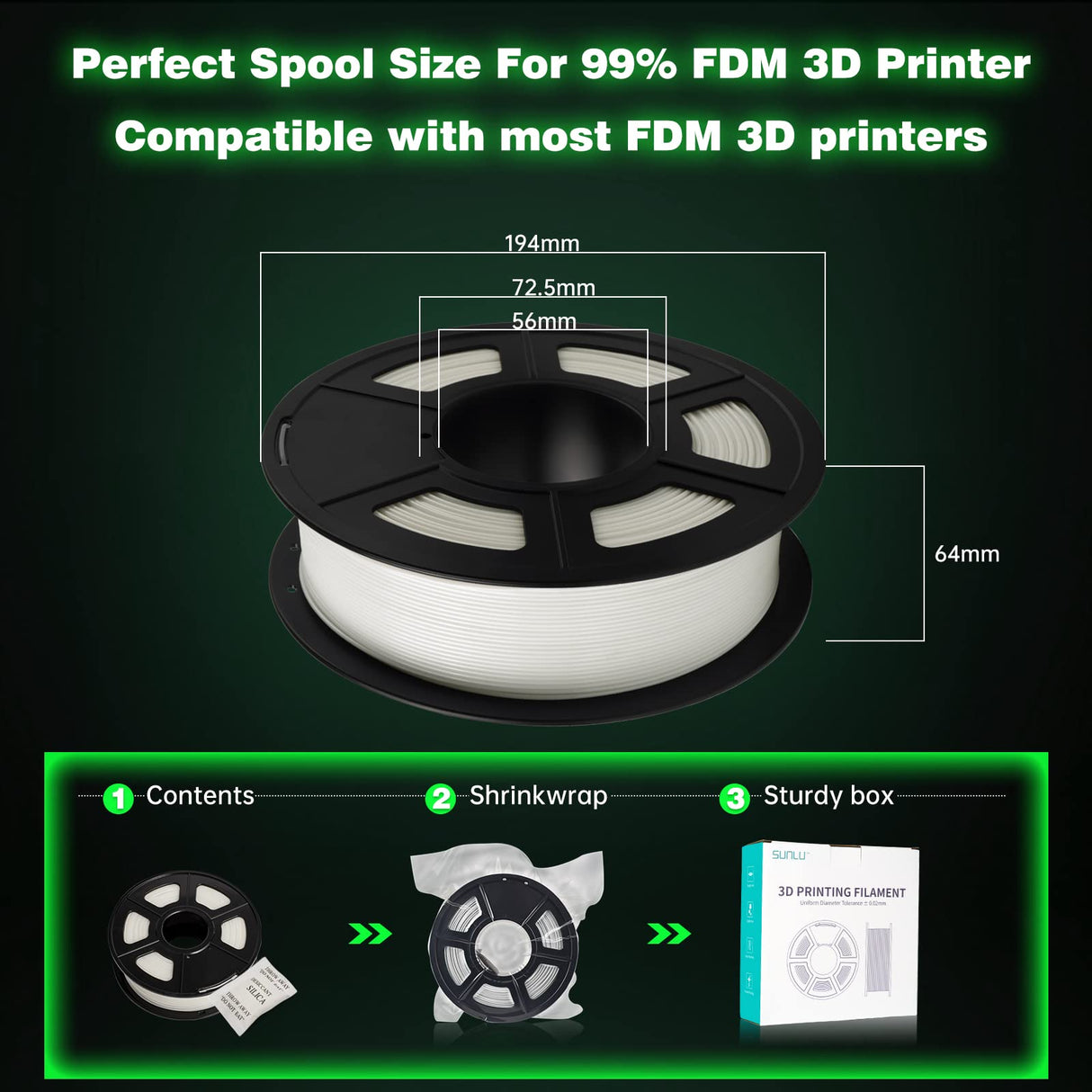 SUNLU Glow in The Dark PLA Filament, Neatly Wound Luminous PLA 3D Printer Filament 1.75mm Dimensional Accuracy +/- 0.02mm, Fit Most FDM 3D Printers, 1kg Spool (2.2lbs), (White PLA, Glow Green) SUNLU